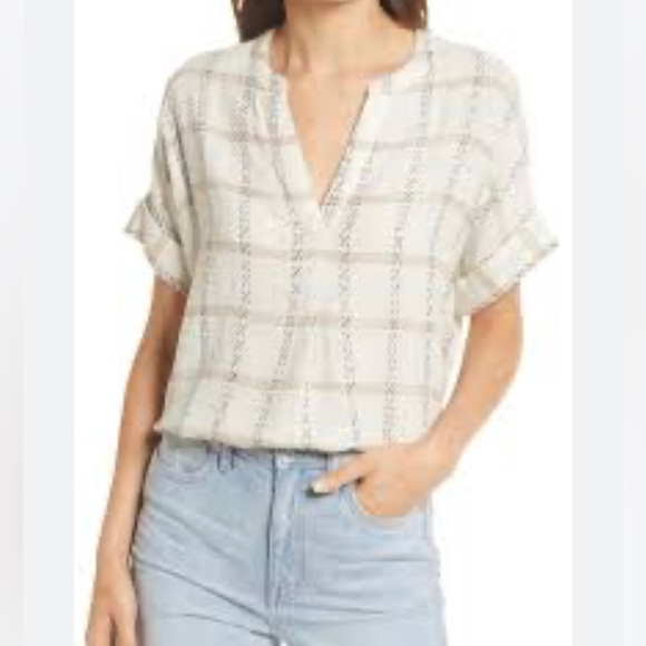 Madewell Lakeline Popover in Windowpane Jacquard Cream Short Sleeve Shirt S - Picture 2 of 13